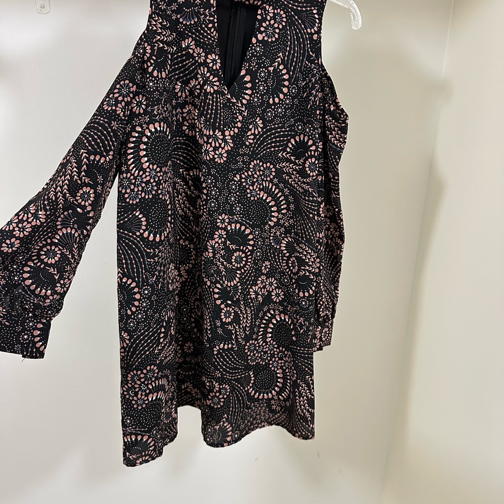 Black Cold-Shoulder Dress with Pink Floral Swirl Print